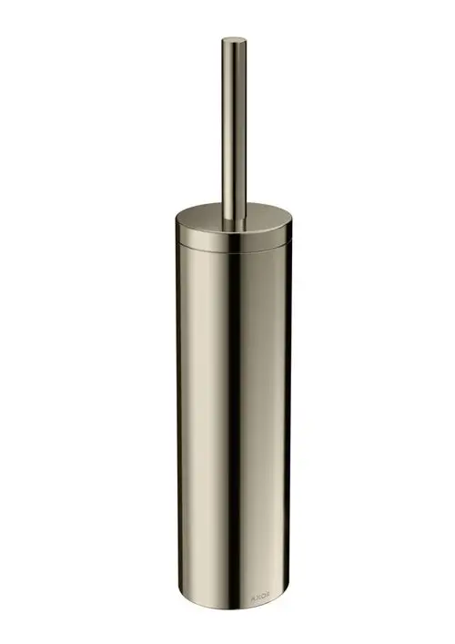 Toilettenbürstenhalter aus poliertem Nickel, zylindrisches Design, montierbar an der Wand, mit dem Logo der Marke AXOR sichtbar.